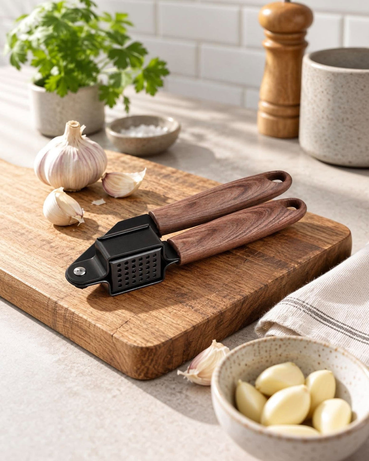 Knoflookpers - Zwart met houten handvat