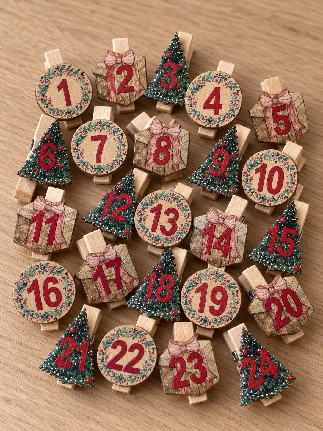Klemmen voor adventskalender , 24 stuks – houten clips