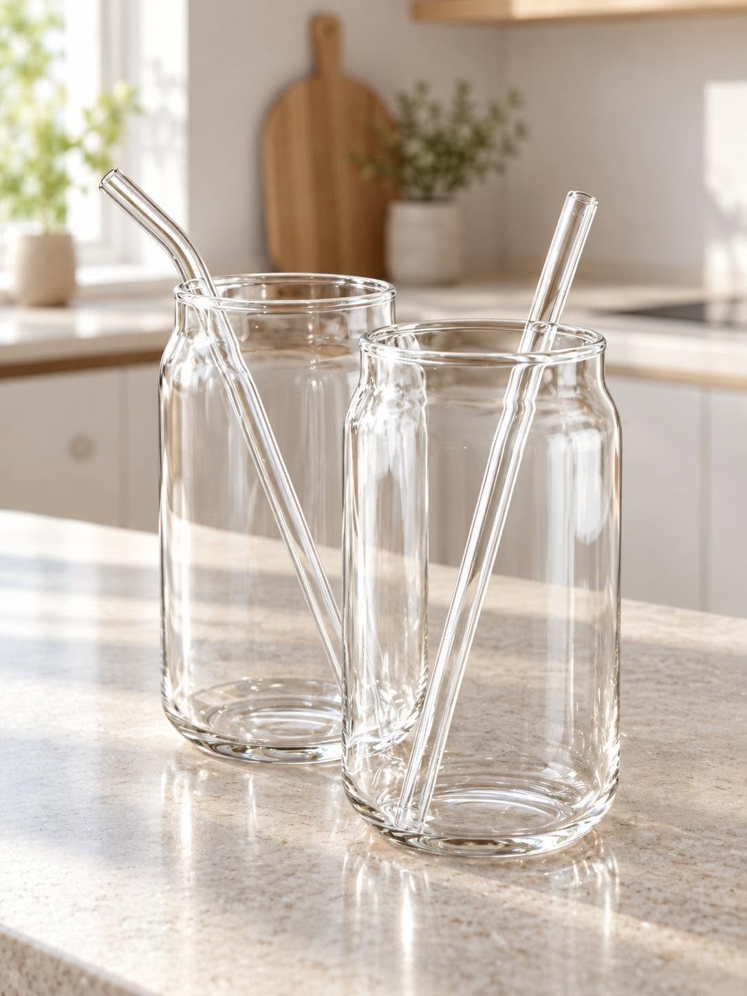 Set van 2 drinkglazen met rietjes