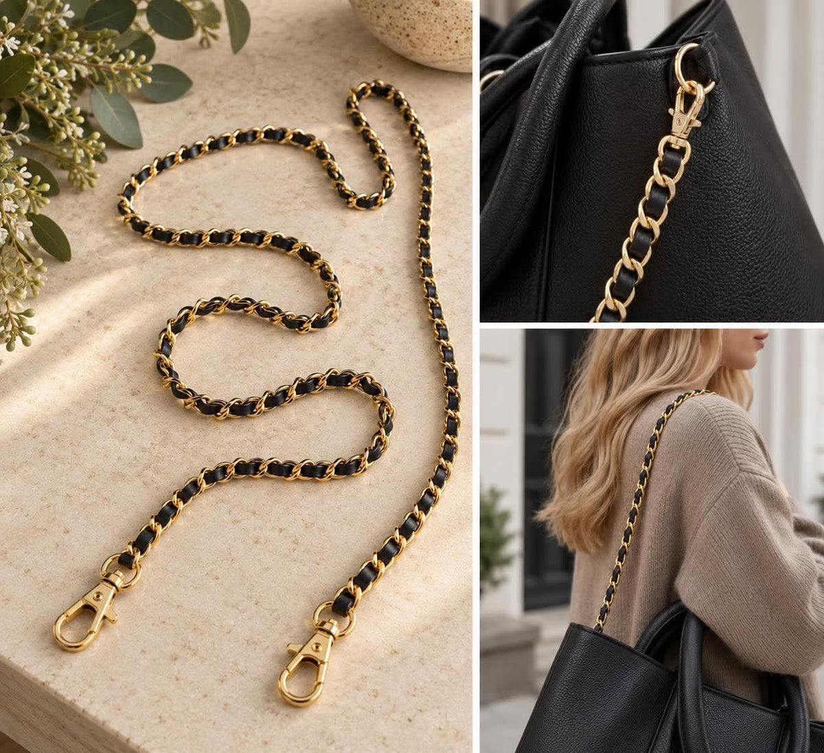 Tassenriem ketting met leer - Black/Gold 124cm
