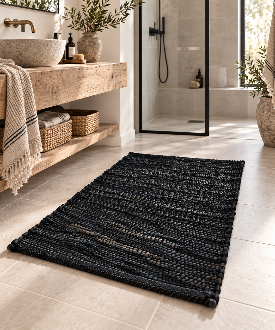 Vloerkleed van leer – Zwart 60x90cm