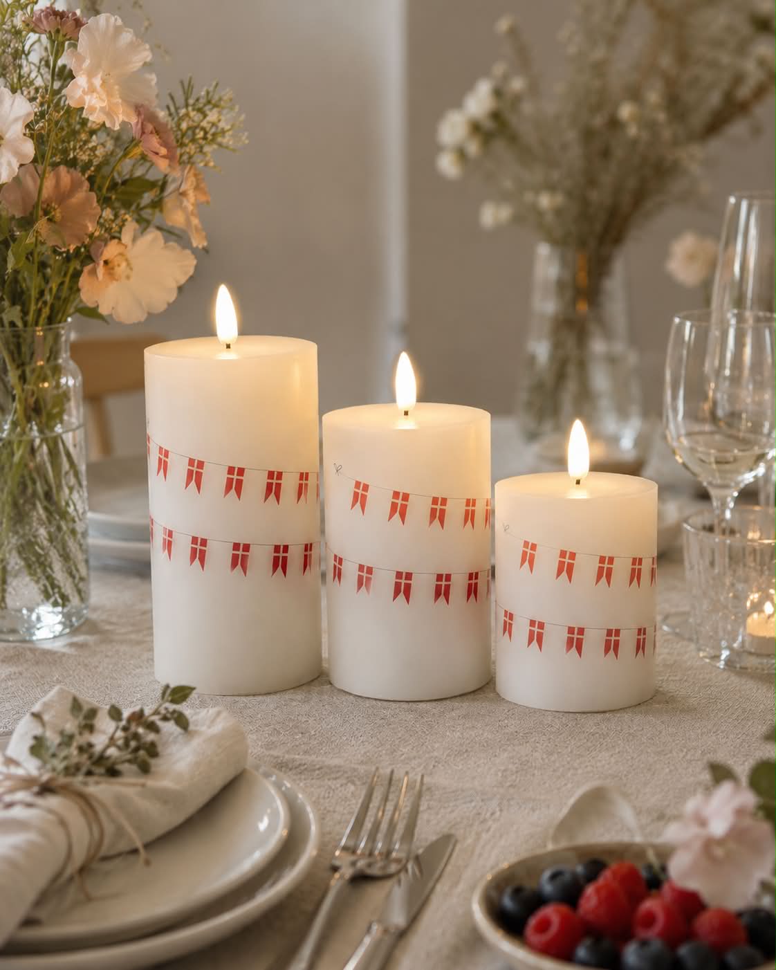 LED stompkaarsen met bloemen – Set van 3 stuks en afstandsbediening