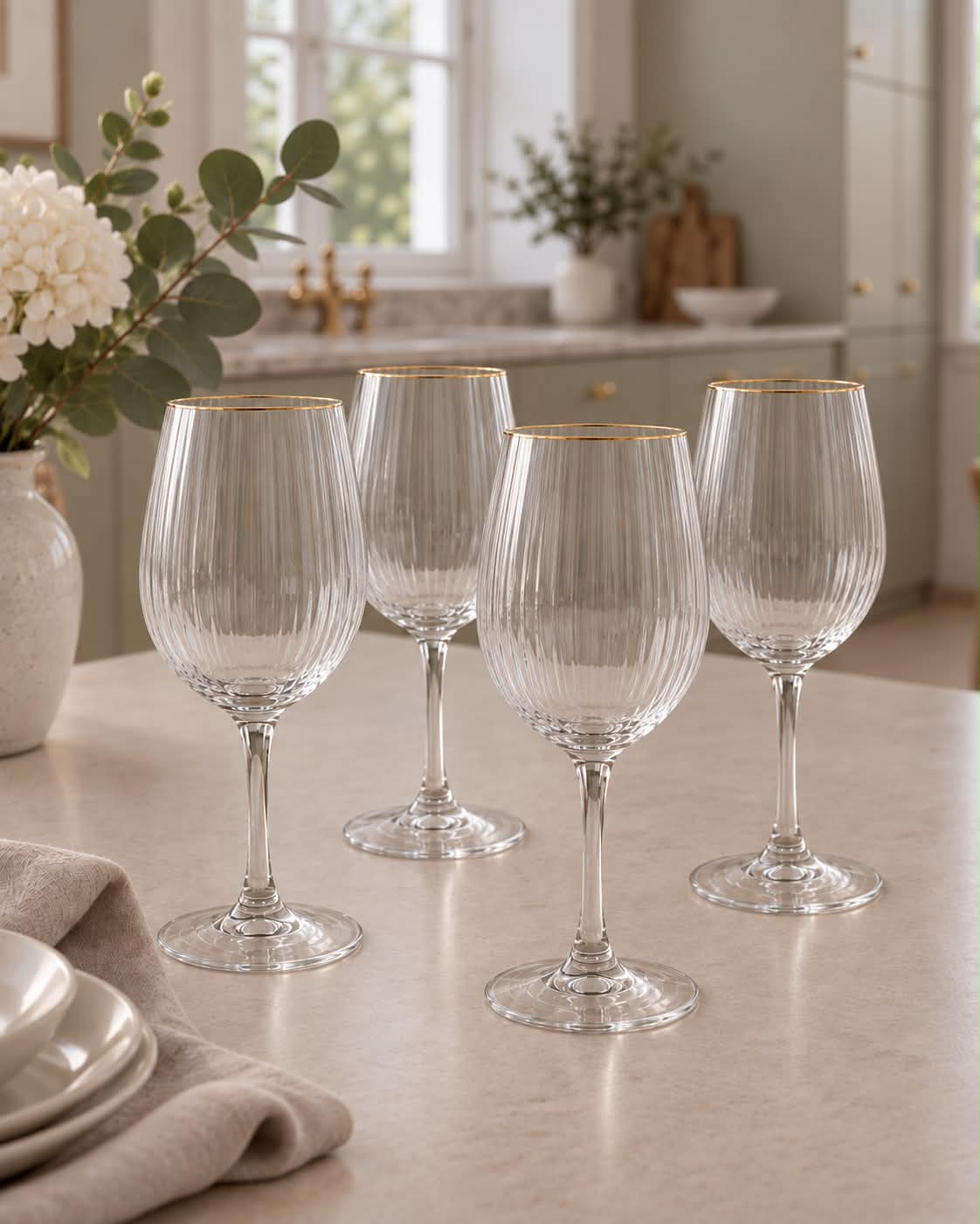 Wijnglazen Geribbeld met gouden rand - 4 st. 350 ml