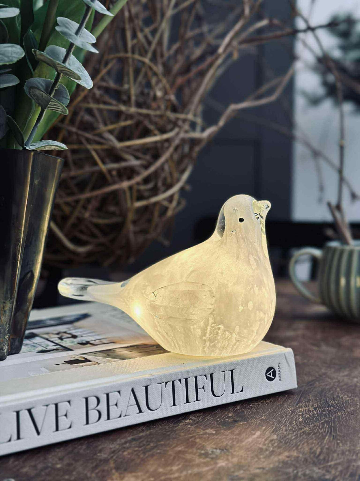 LED Vogel in mondgeblazen glas - Wit