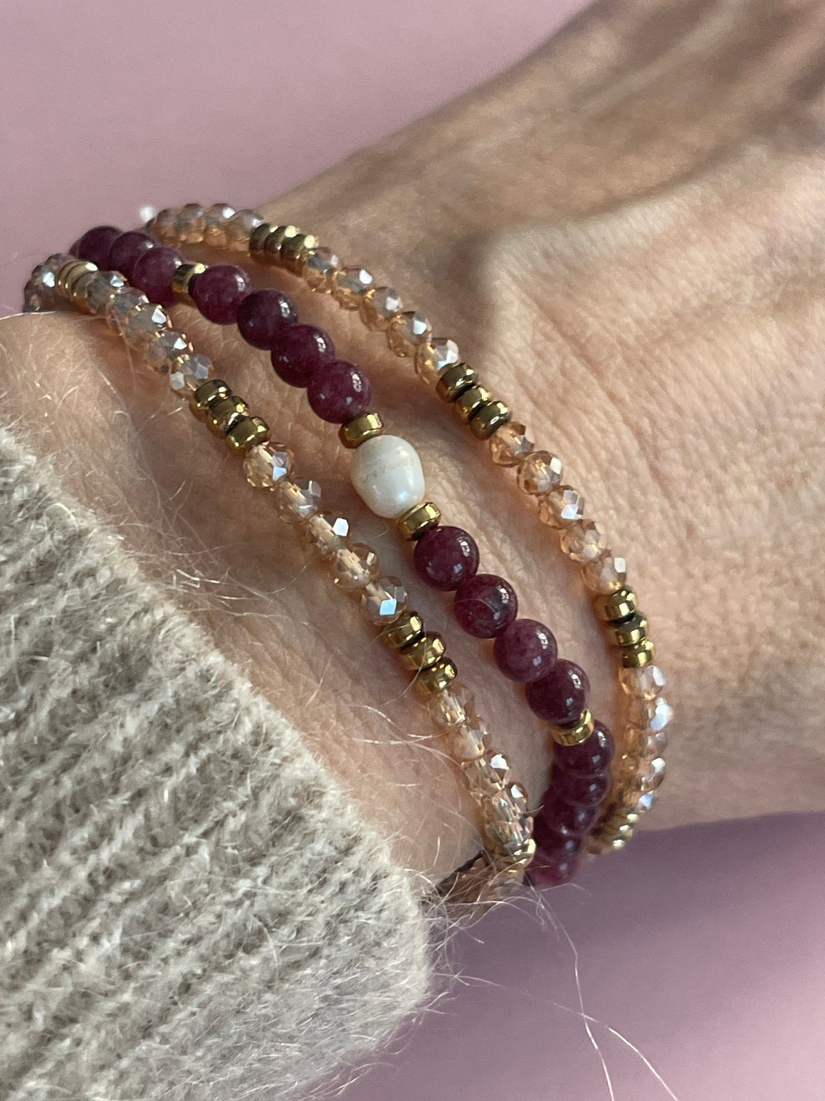 Armband Leah Bordeaux/Naturel – Set van 3 stuks