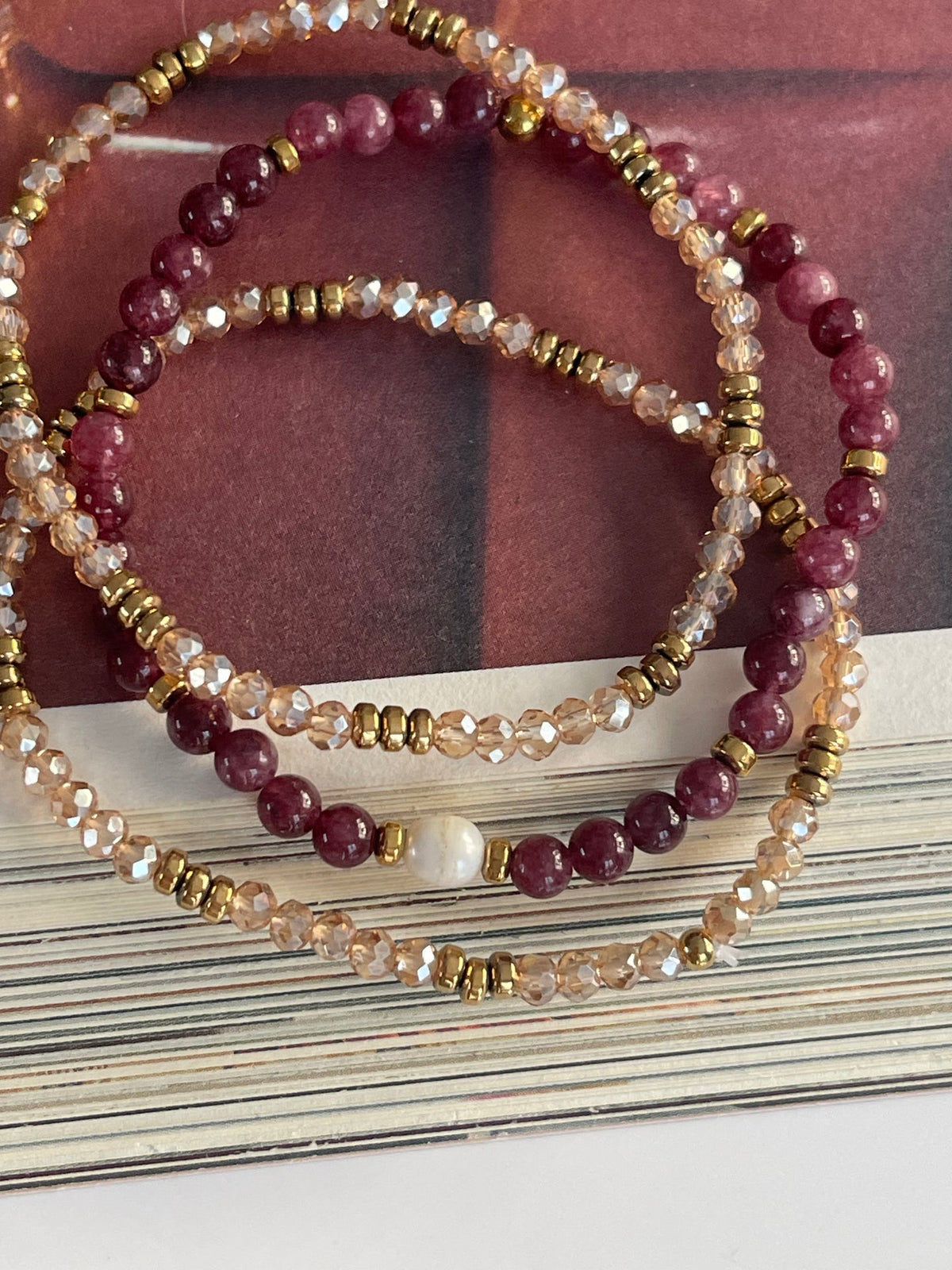 Armband Leah Bordeaux/Naturel – Set van 3 stuks