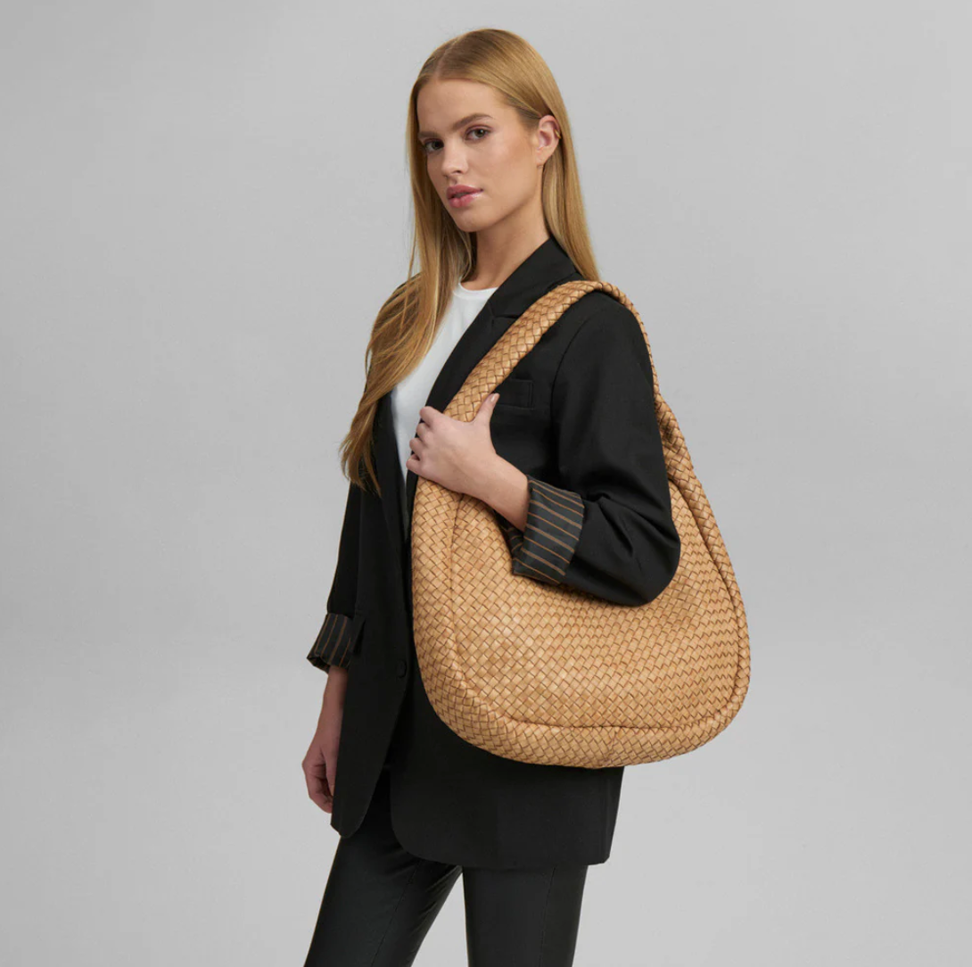 Elegante handgevlochten schoudertas - Sand big