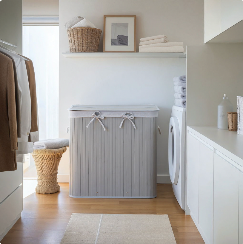 Grijze bamboe wasmand met 3 vakken
