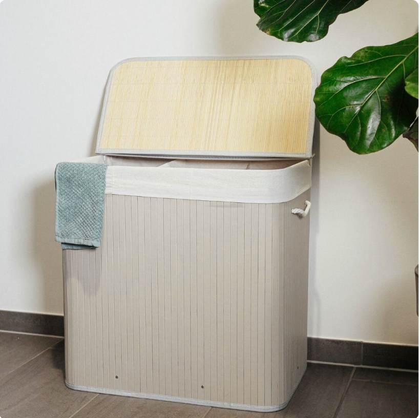 Grijze bamboe wasmand met 3 vakken