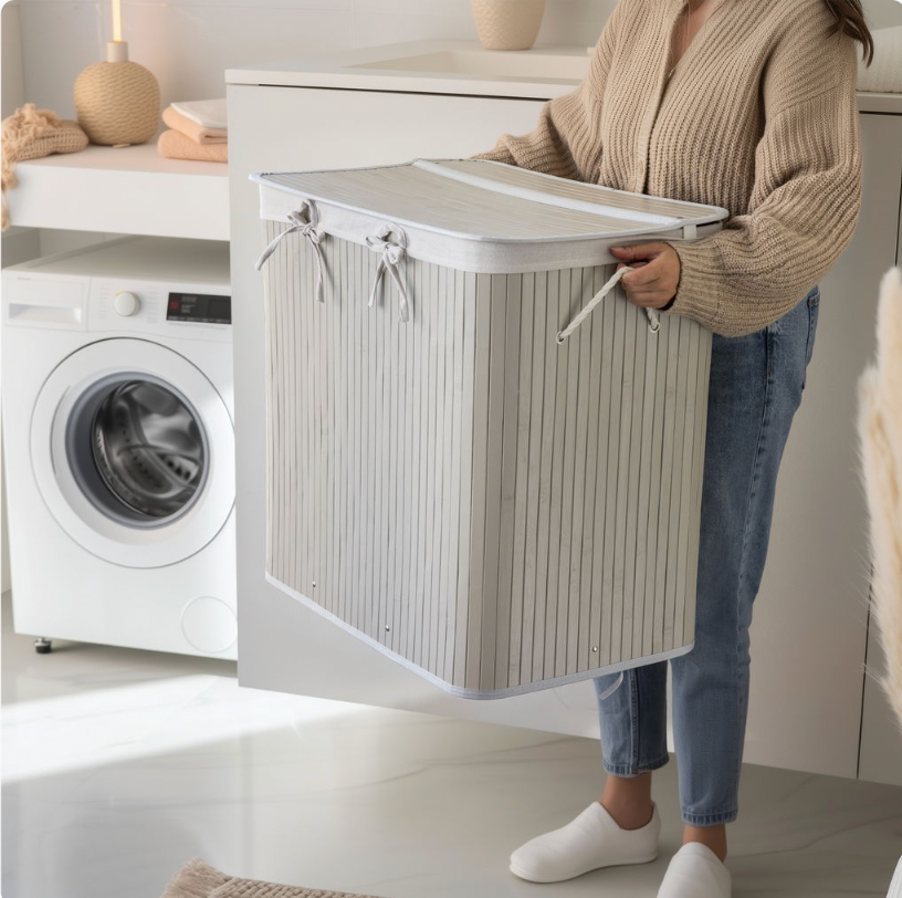 Grijze bamboe wasmand met 3 vakken