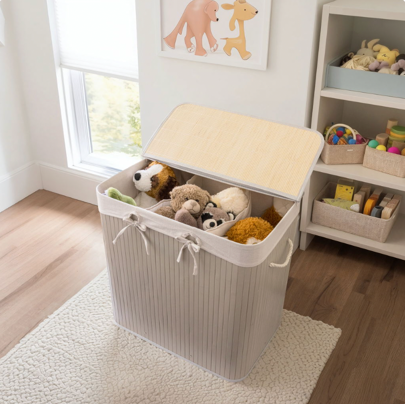 Grijze bamboe wasmand met 3 vakken