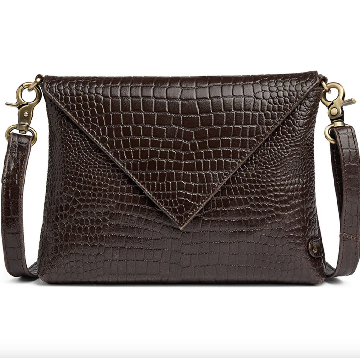 Clutch met crocoprint in leer - Brown