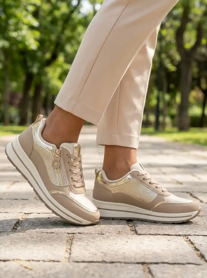 Sneakers bottine i taupe farve med snørebånd og lynlås
