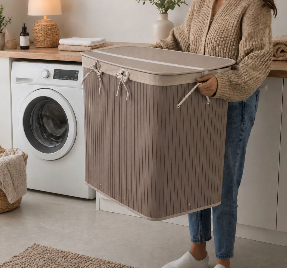 Wasmand Beige – Bamboe met drie vakken