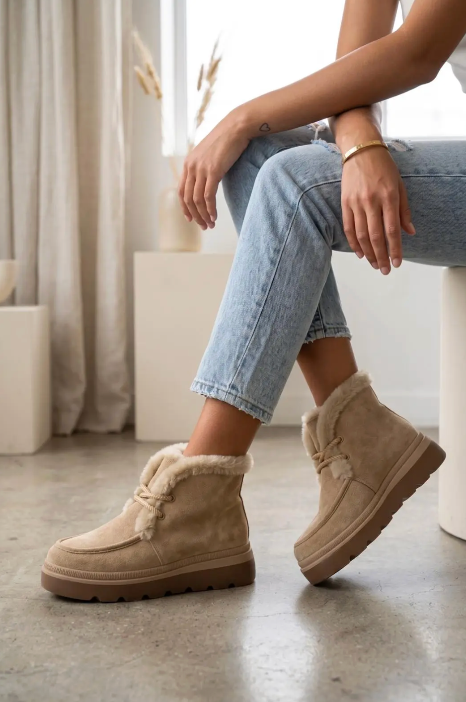 Enkellaarsjes winter kaki/beige