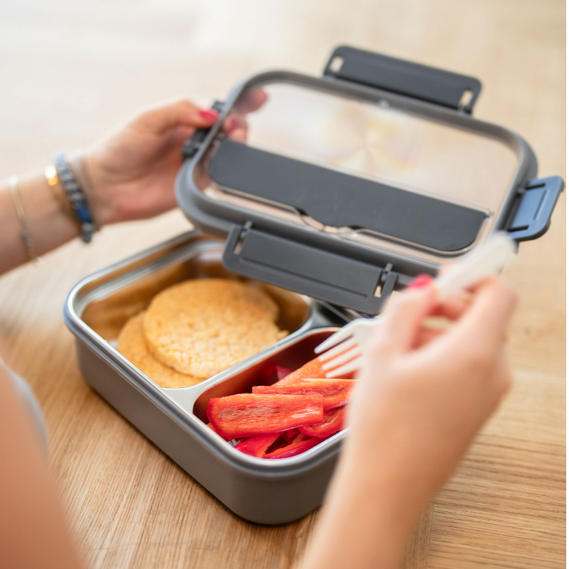 Lunchbox met 2 vakken grijs + beige