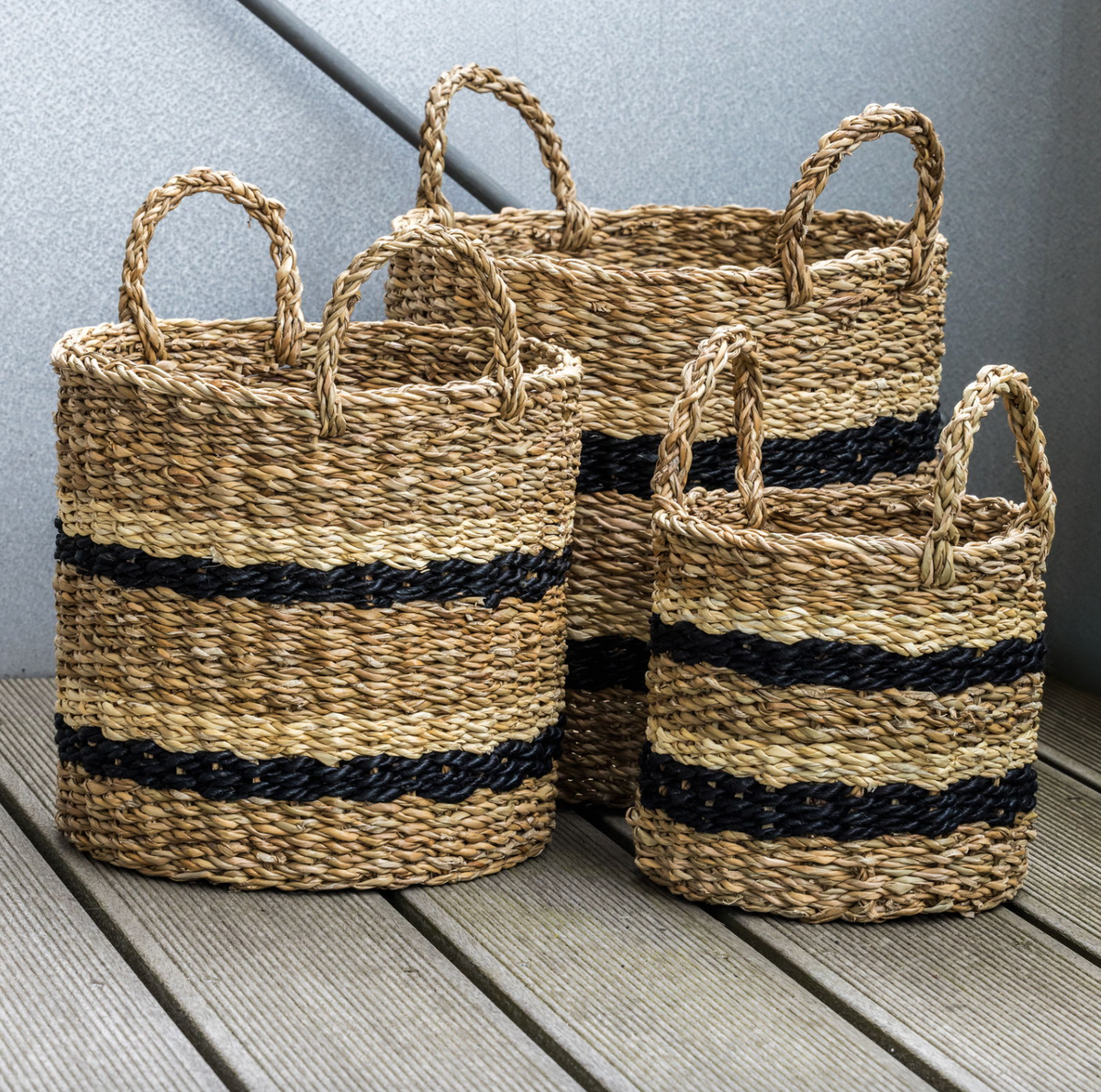 Gevlochten manden van zeegras met strepen - Set van 3