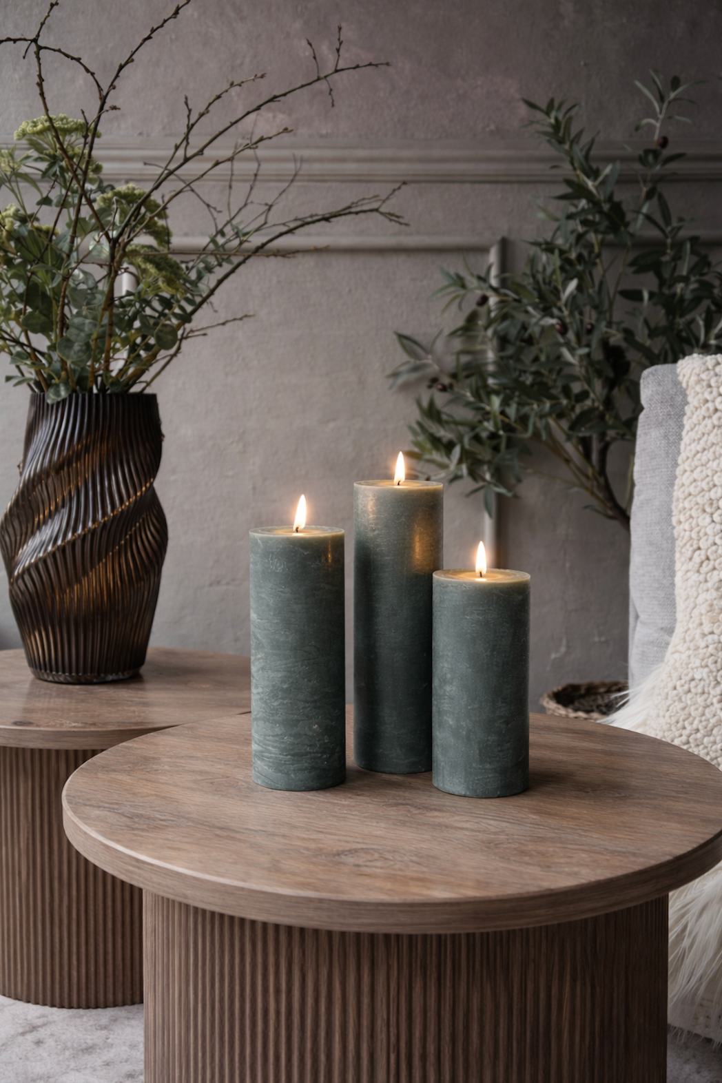 LED Blokkaarsen / Groen – 3 st. Rustiek dia 5 cm