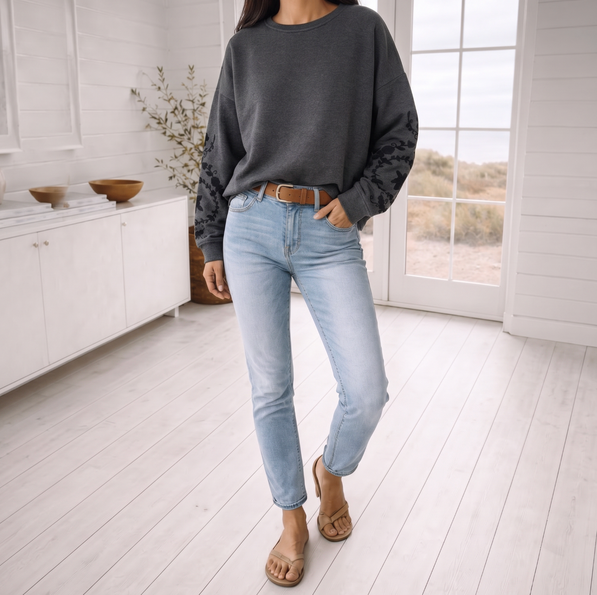 Sweatshirt met borduursel -  Grey oversized
