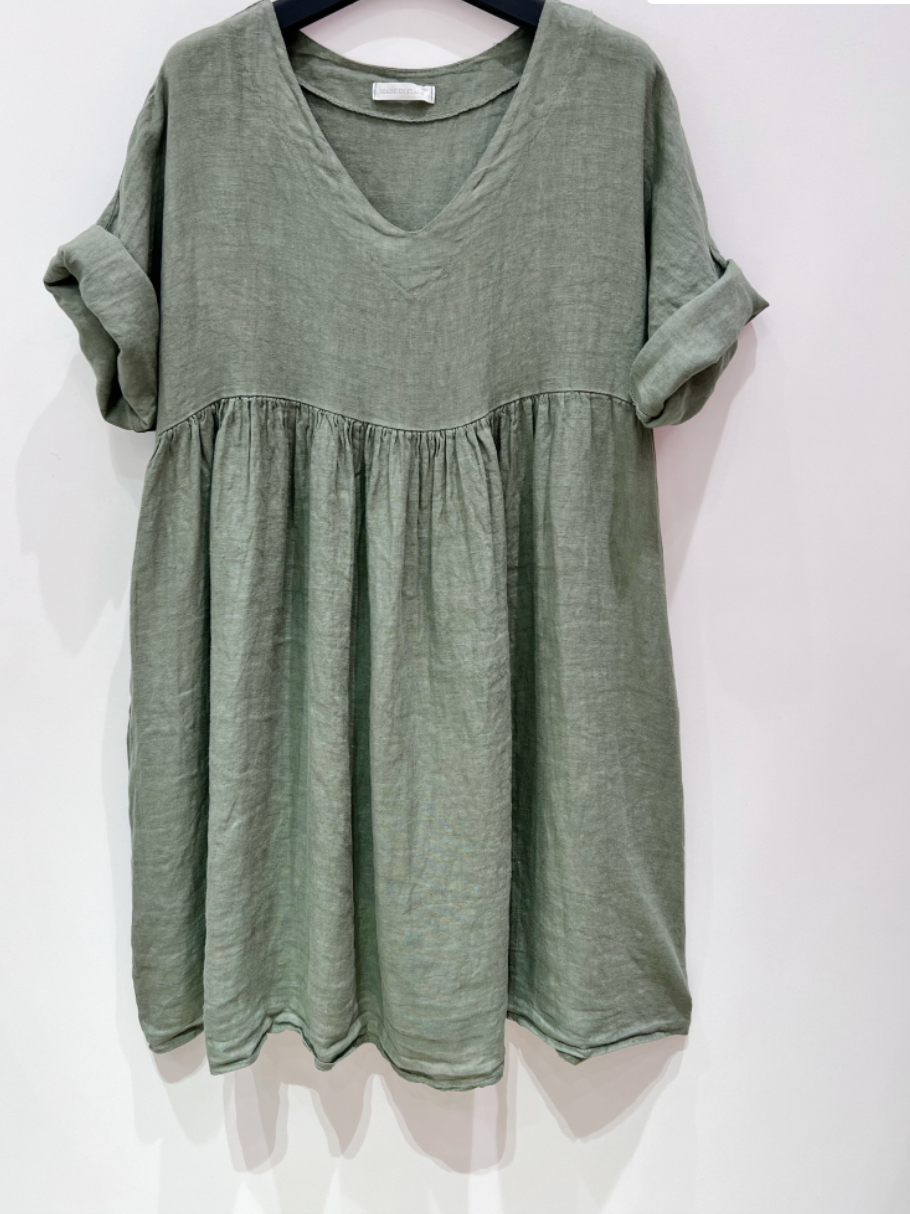V-hals linnen jurk - Dusty green