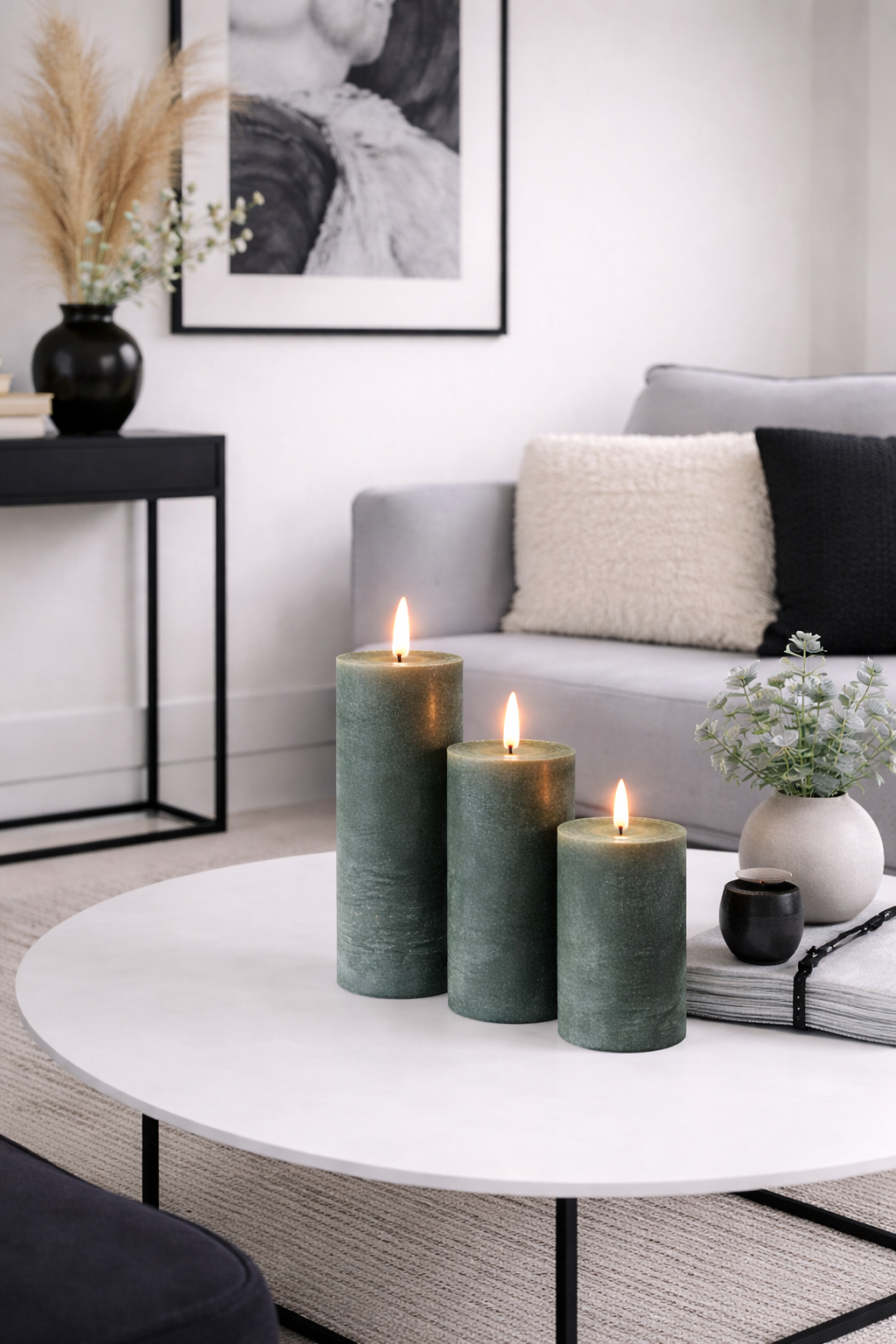 LED Blokkaarsen / Groen – 3 st. Rustiek dia 5 cm