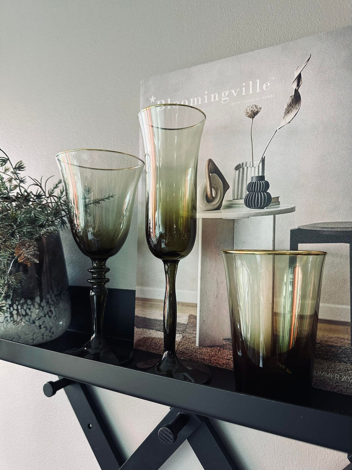 Champagneglas - Grøn med guldkant - VIAMAJA.DK