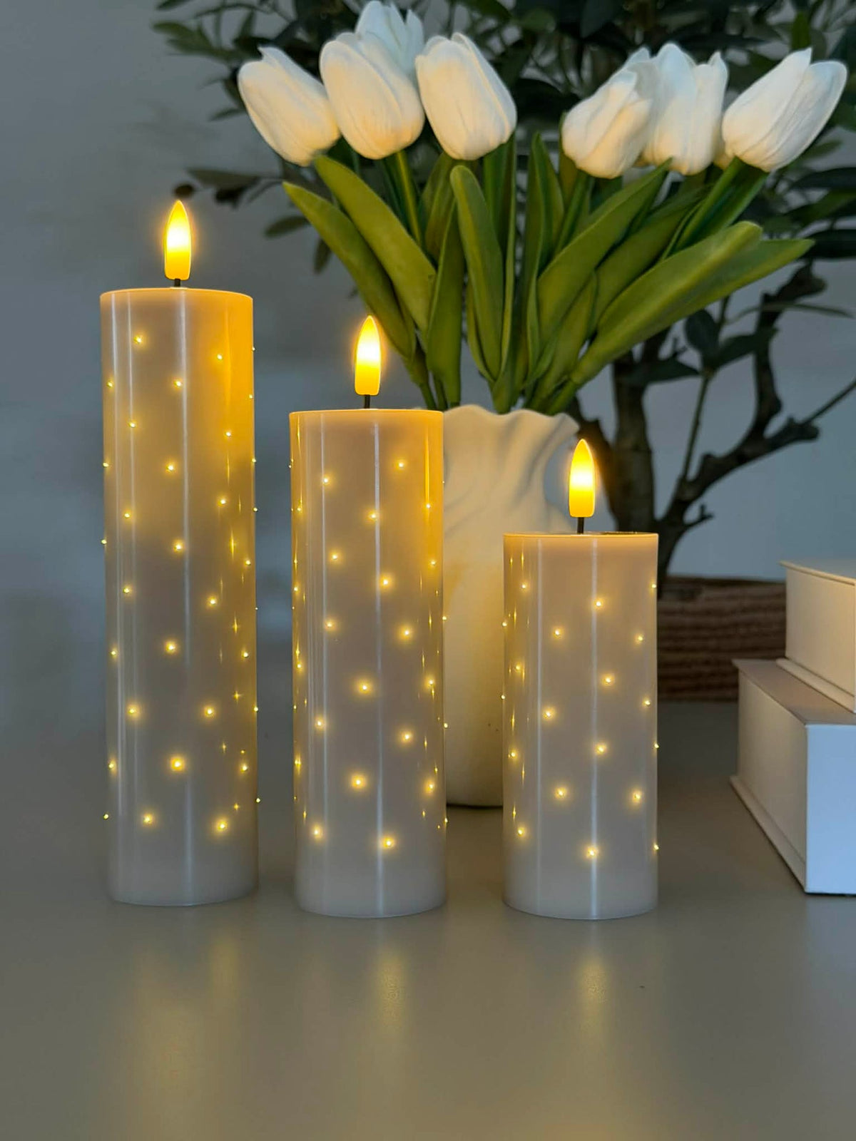 LED stompkaarsen TWINKLE beige - Set van 3 kaarsen.