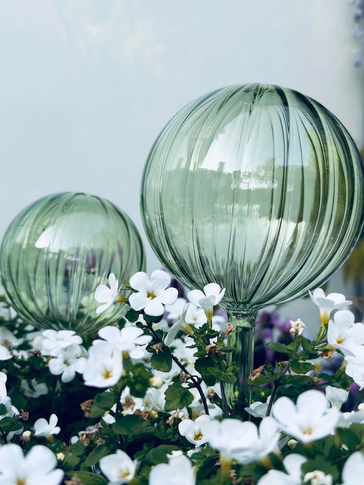 Kugler i grøn glas - Sæt af 2 stk til vanding af blomster - VIAMAJA.DK