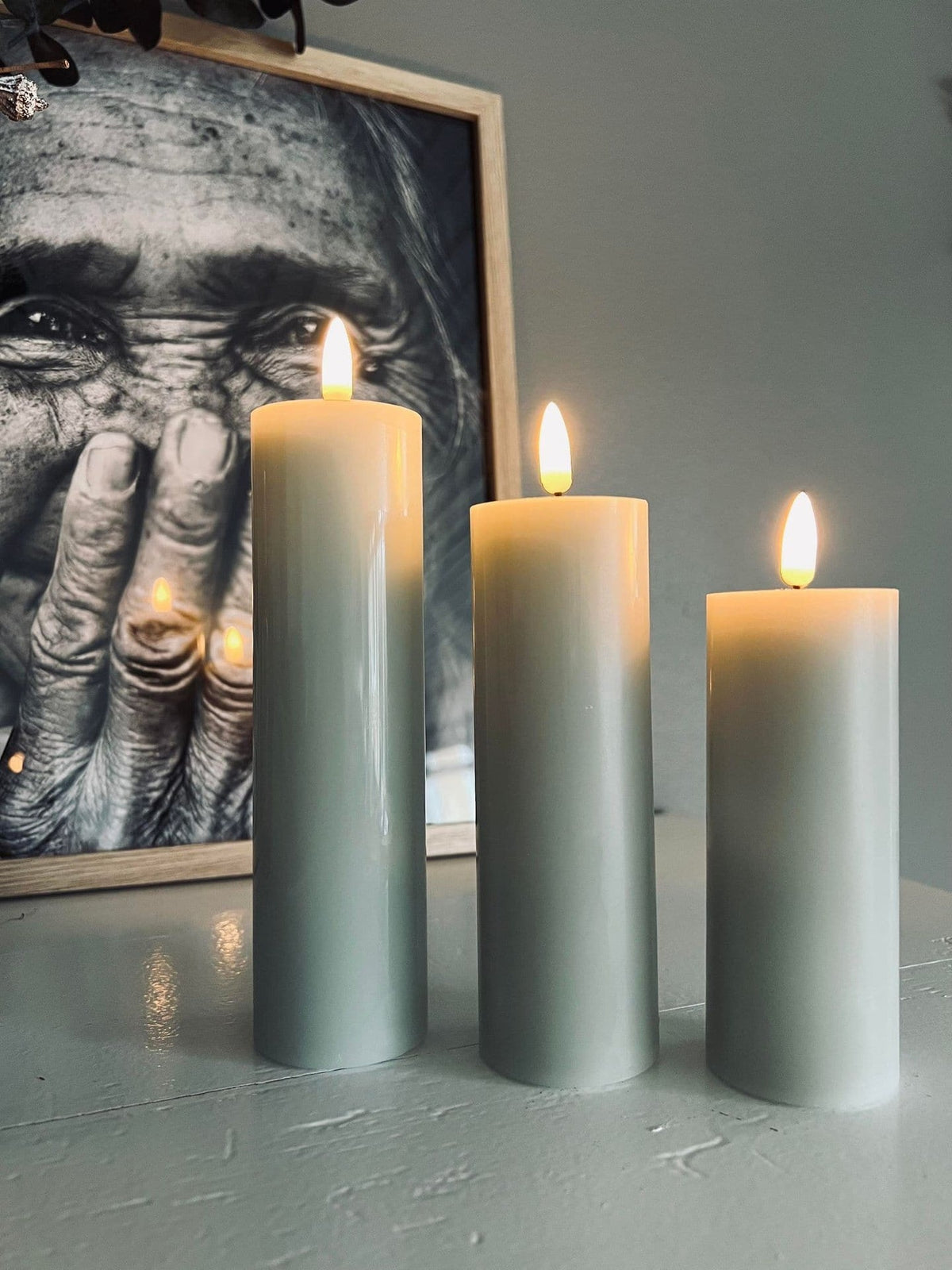 LED Bloklys / Mint-grå 3 stk. Lys – Inkl. fjernbetjening - VIAMAJA.DK