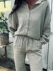 Set met gewafelde blouse en broek – Licht beige katoen